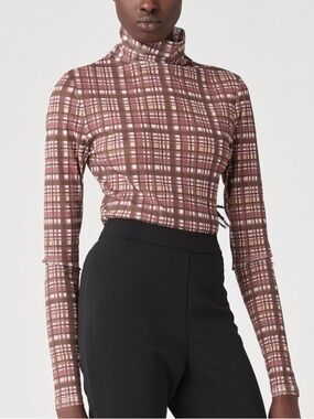 Atoir x Lara Worthington |Plaid Mesh Top In Pink Check Mock Neck Long Sleeve NWT